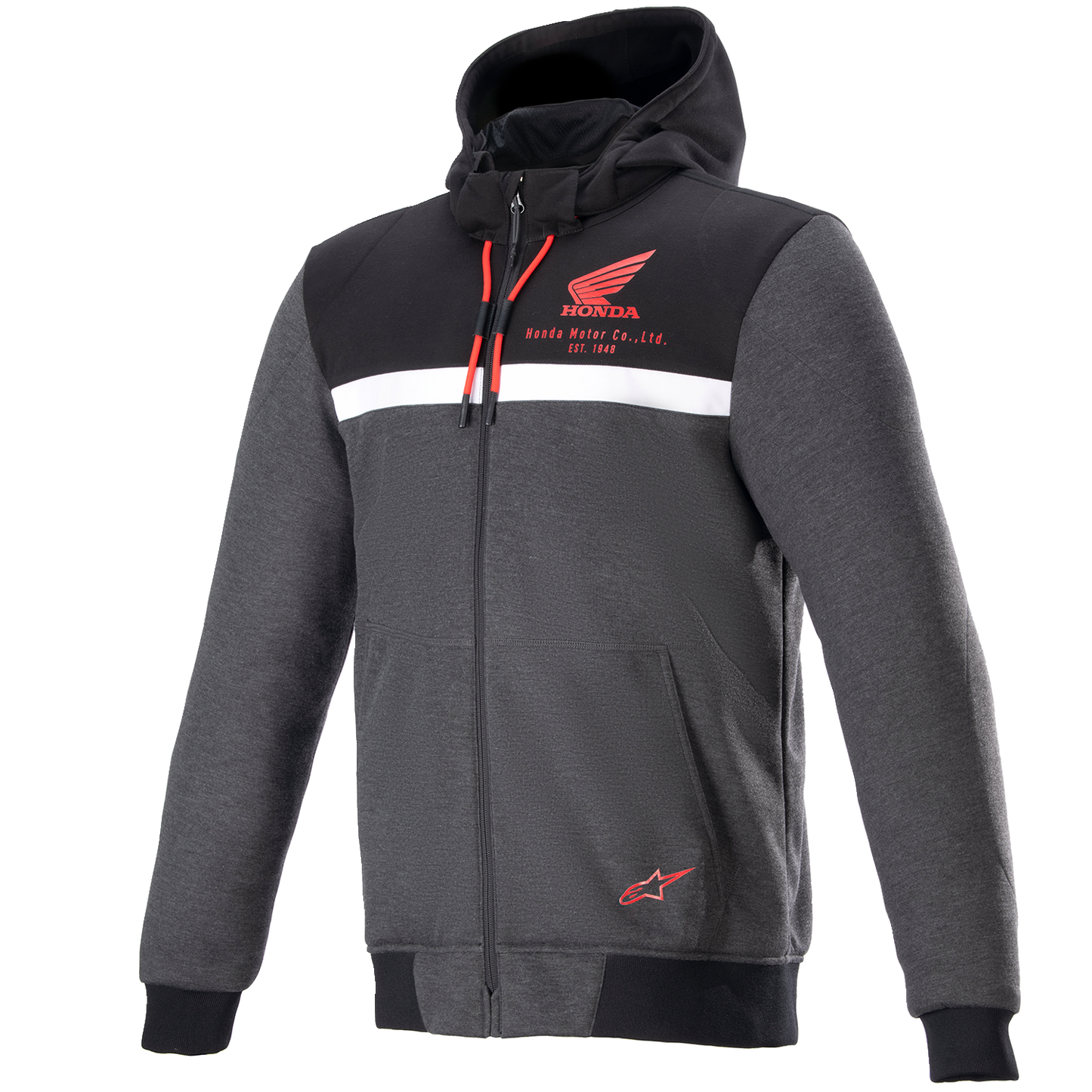 Alpinestars Honda Chrome Street Hoodie in medium size, black, gray, and red with Tech-Air® compatibility, shown on a hanger.