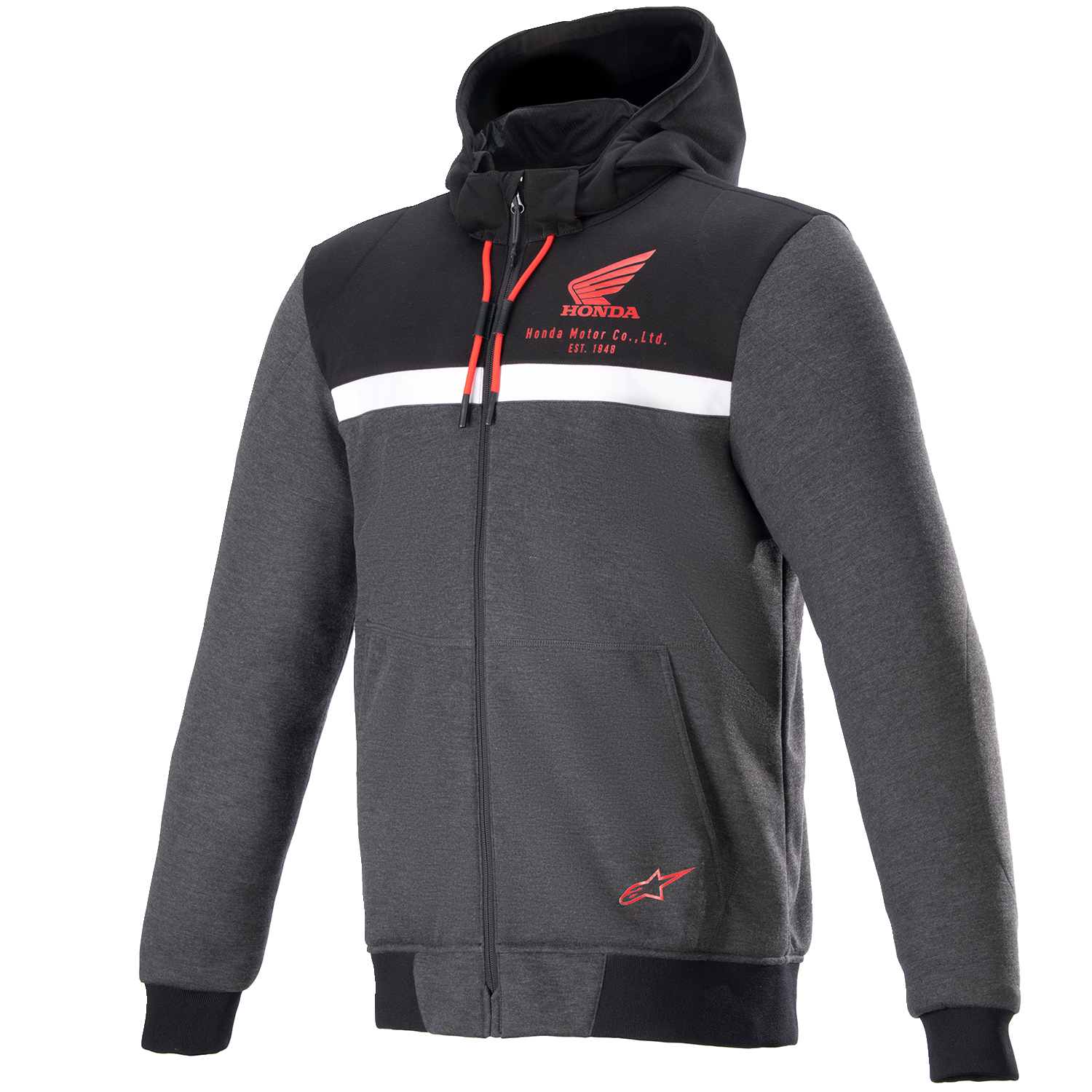 Alpinestars Honda Chrome Street Hoodie in medium size, black, gray, and red with Tech-Air® compatibility, shown on a hanger.