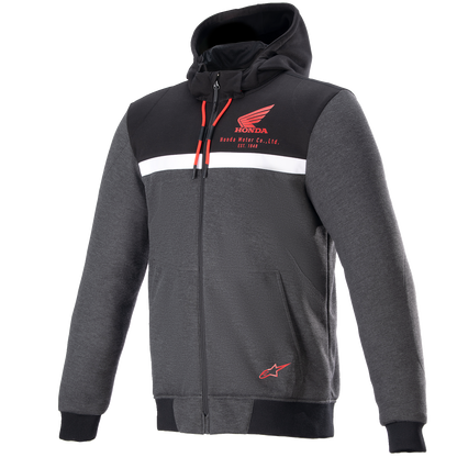 Alpinestars Honda Chrome Street Hoodie in medium size, black, gray, and red with Tech-Air® compatibility, shown on a hanger.