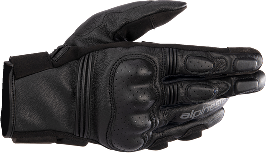 Alpinestars Phenom motorcycle gloves in black, size 2XL, showing the textured leather and protective knuckle armor.