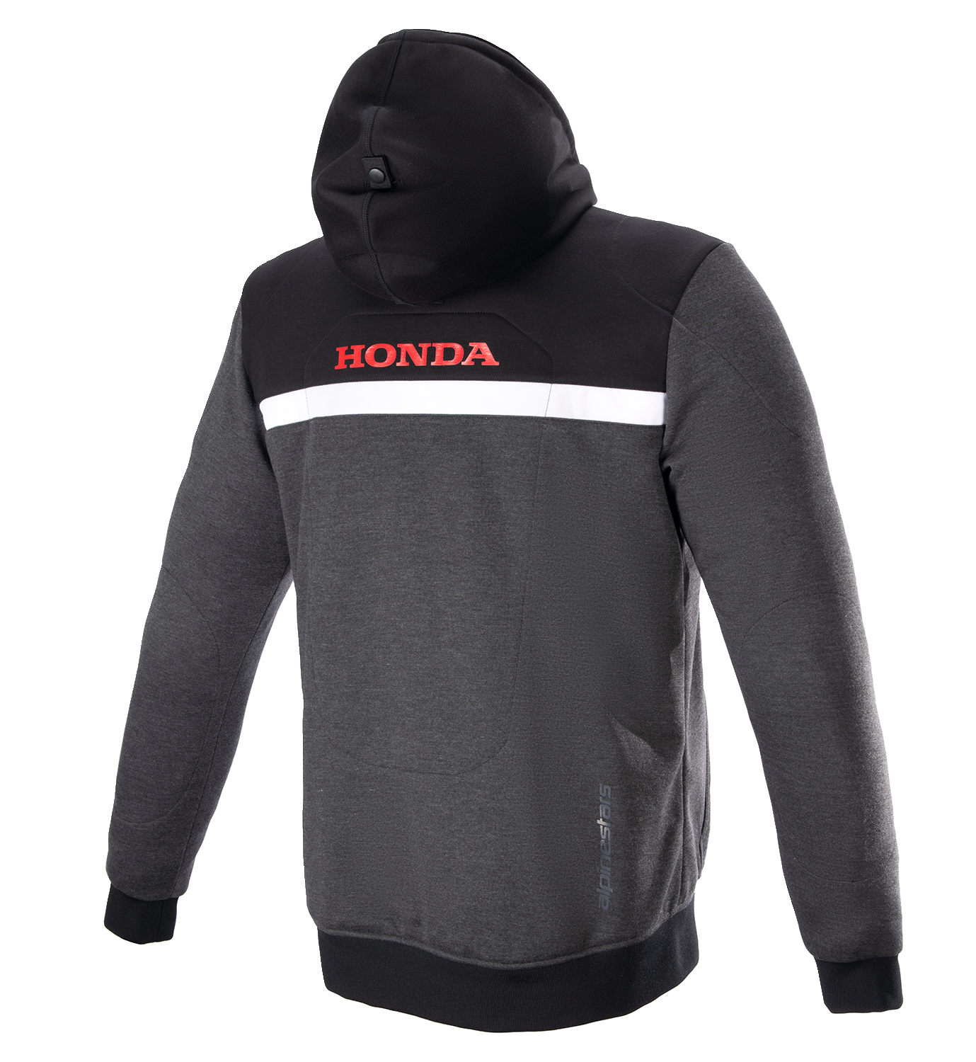 Alpinestars Honda Chrome Street Hoodie in black, gray, and red with Tech-Air® compatibility, displayed on a neutral background.