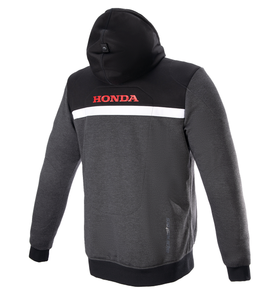Alpinestars Honda Chrome Street Hoodie 4XL in black, gray, and red with integrated impact protection, casual streetwear style.