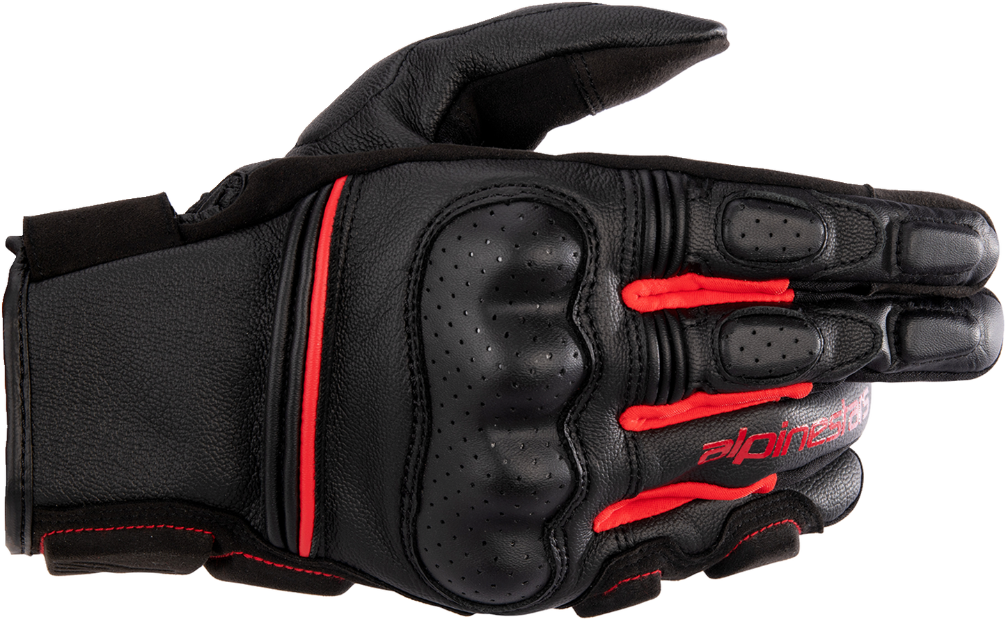 Alpinestars Phenom motorcycle gloves in black and bright red, small size, featuring protective padding and textured palms.