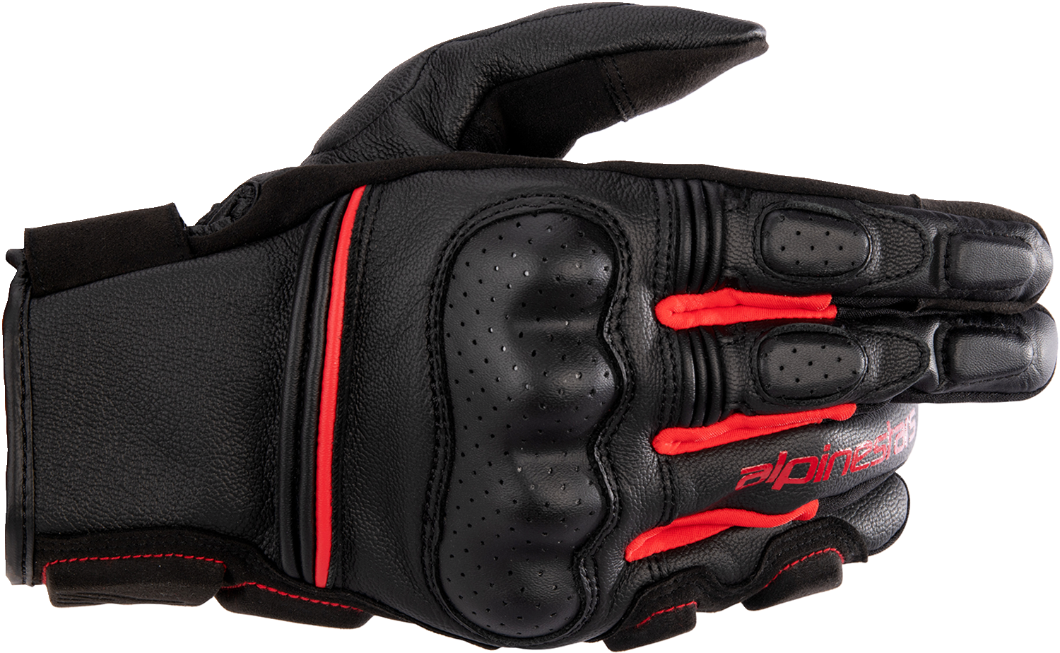 Alpinestars Phenom motorcycle gloves in black and bright red, small size, featuring protective padding and textured palms.