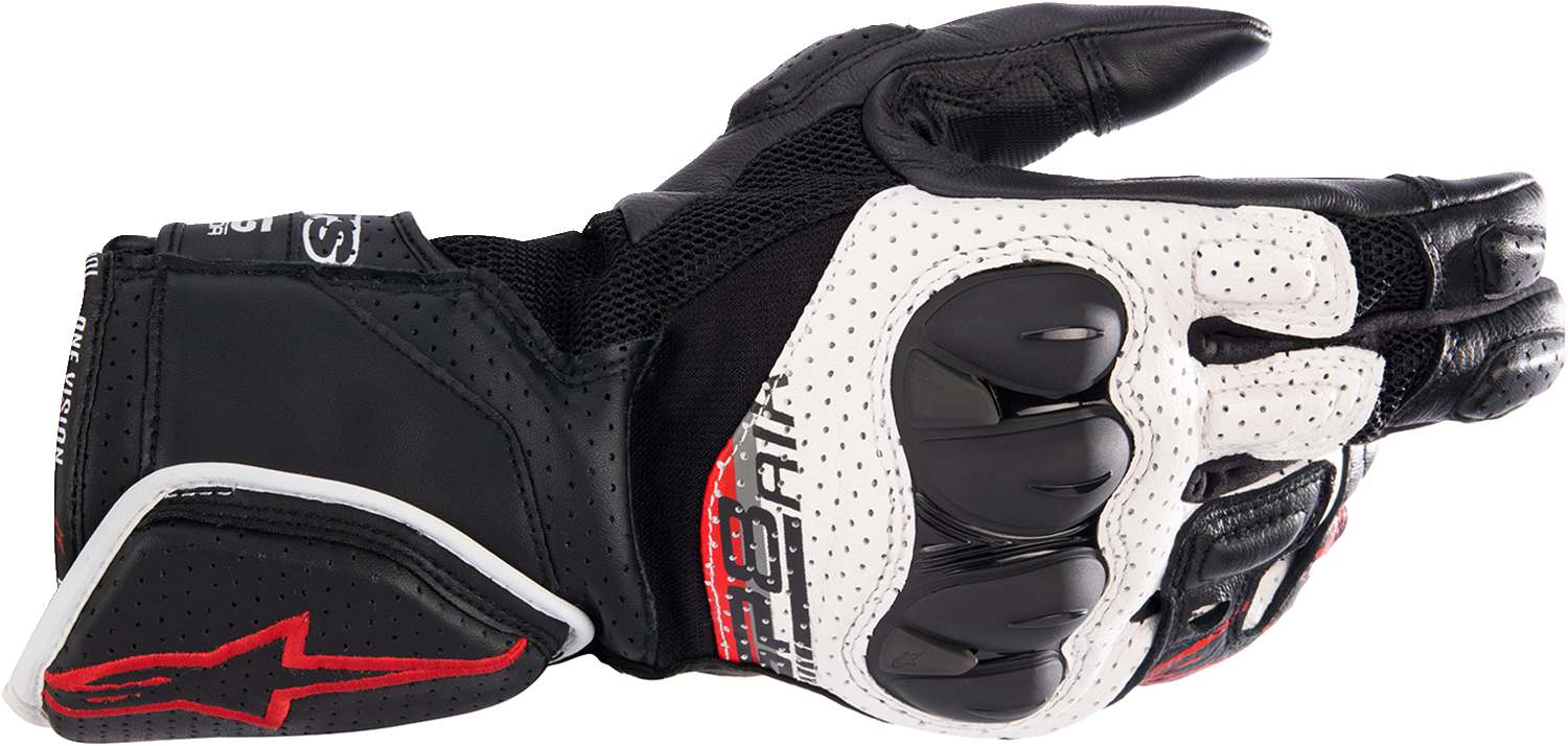 Alpinestars SP-8 V3 Air motorcycle gloves in black, white, and bright red, size 2XL, showing protective design and ventilation features.