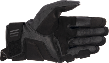 Alpinestars Phenom motorcycle gloves in black and black, medium size, showing the padded finger and palm protection.