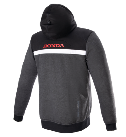 Alpinestars Honda Chrome Street Hoodie in black, gray, and red with Tech-Air® compatibility, size medium, detailed fabric and design.