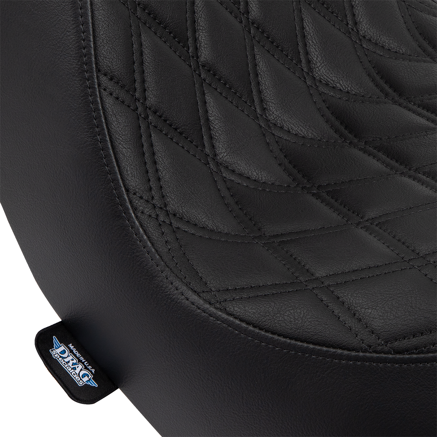 Drag Specialties Predator III 2-up seat for FL/FX motorcycles, black vinyl with double diamond pattern and black stitching.