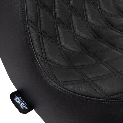 Drag Specialties Predator III 2-up seat for FL/FX motorcycles, black vinyl with double diamond pattern and black stitching.