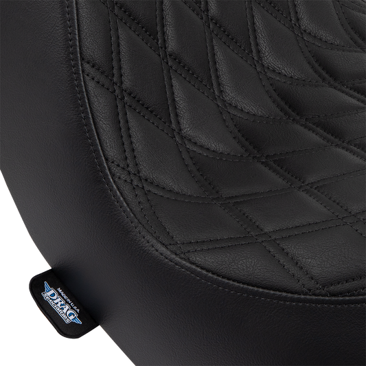 Drag Specialties Predator III 2-up seat for FL/FX motorcycles, black vinyl with double diamond pattern and black stitching.