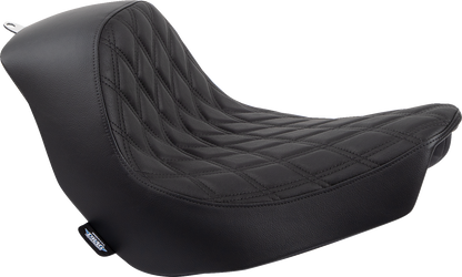 Black leather solo motorcycle seat with double diamond stitching by Drag Specialties Seats for FL/FX 2018-2023 models.