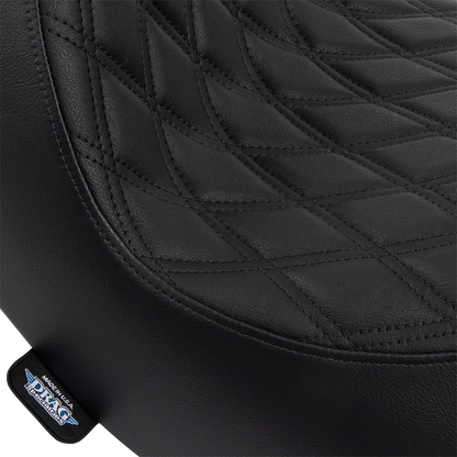Black double diamond solo seat for FL/FX motorcycles by Drag Specialties with black stitching, model 0802-1513.