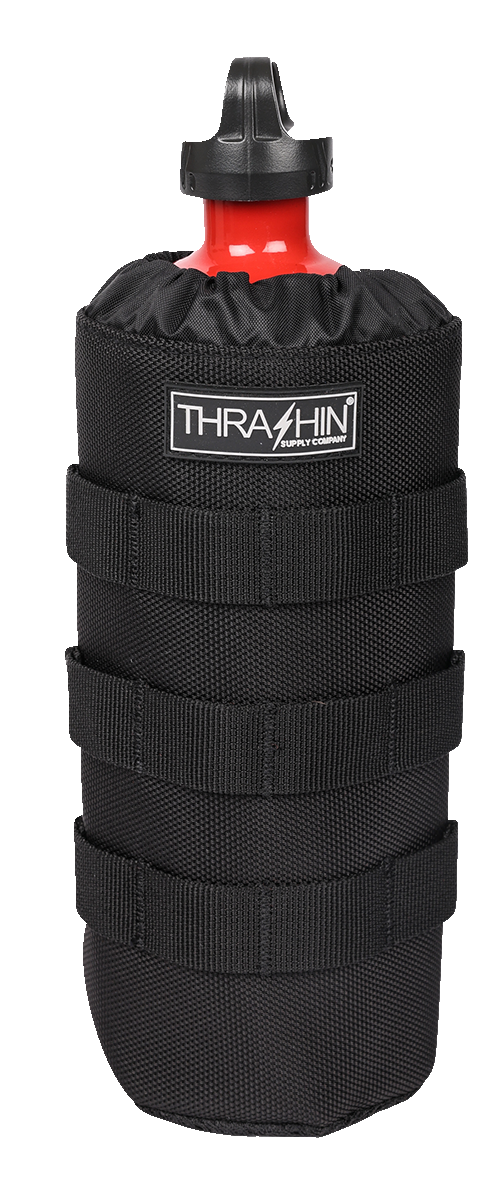 Black THRASHIN SUPPLY CO. Holster Molle bottle holder for 12" x 3.5" bottles, designed for tactical gear and outdoor use.