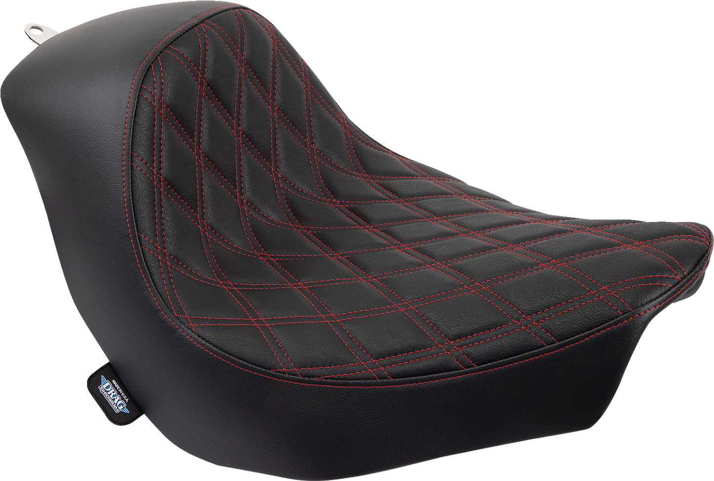 DRAG SPECIALTIES SEATS Solo Seat with Double Diamond pattern and red stitching for Harley FL/FX models 2018-2023.