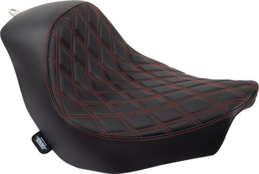 DRAG SPECIALTIES SEATS Solo Seat with Double Diamond pattern and red stitching for Harley FL/FX models 2018-2023.