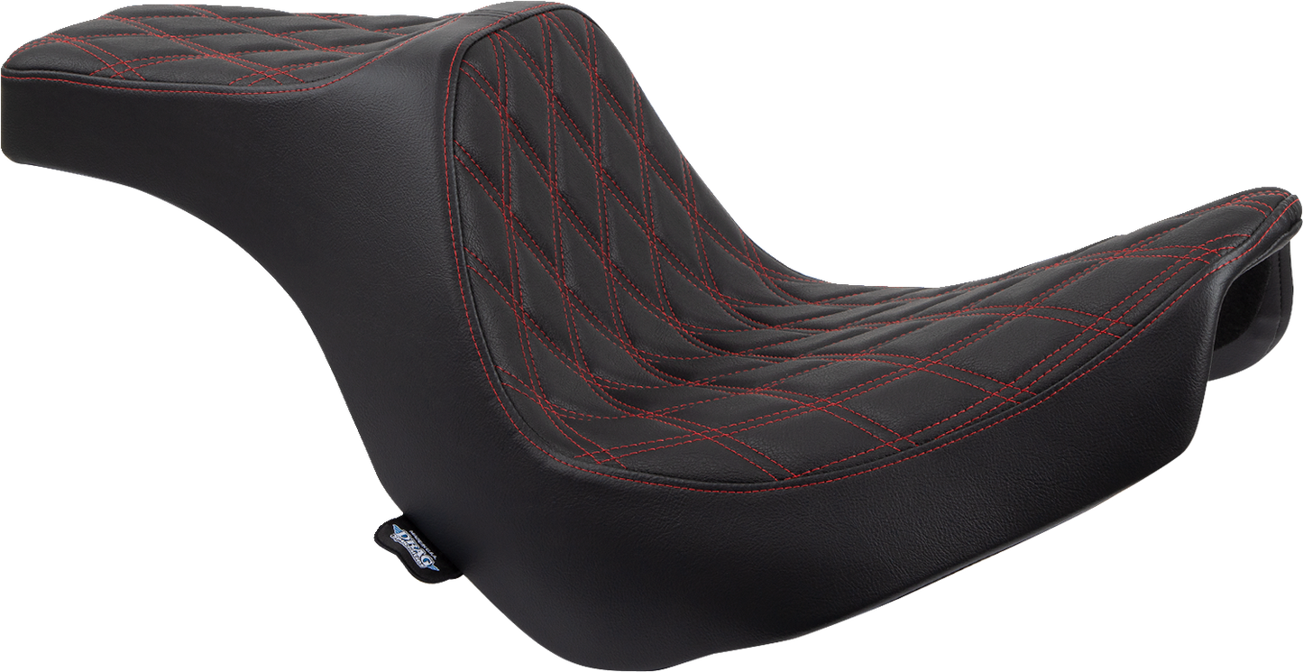 Drag Specialties Predator III 2-up seat for FL/FX bikes, vinyl cover with red stitching, designed for 2018-2024 motorcycle models.