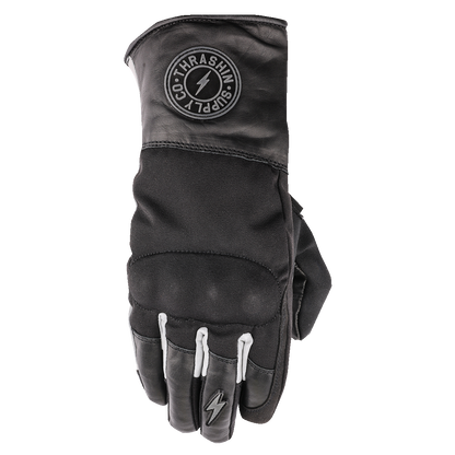 Black THRASHIN SUPPLY CO. Mission Waterproof Gloves XL with reinforced palms and adjustable wrist straps, designed for outdoor use.