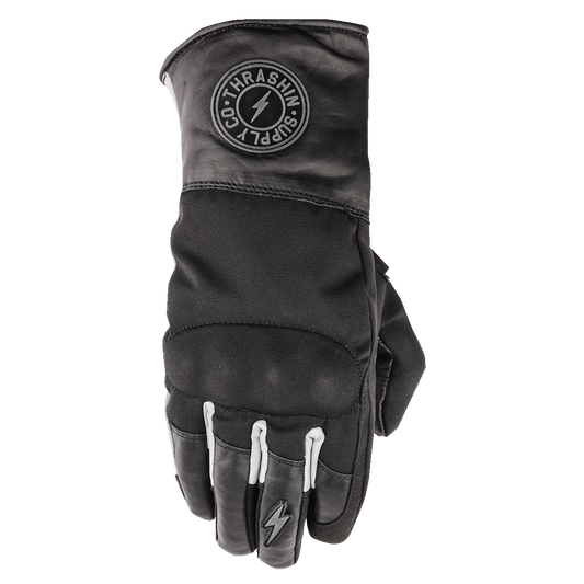 Black THRASHIN SUPPLY CO. Mission Waterproof Gloves XL with reinforced palms and adjustable wrist straps, designed for outdoor use.
