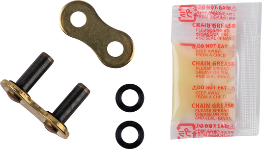 RK 520 XRU connecting link with rivet in gold finish for 520 XRU chain series, showcasing durable metal construction.