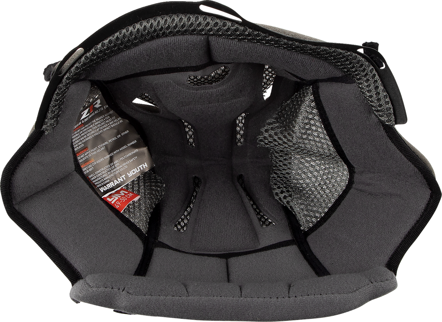 Z1R Youth Warrant helmet liner in medium size, 12 mm thickness, with padded interior and strap details for helmet comfort.