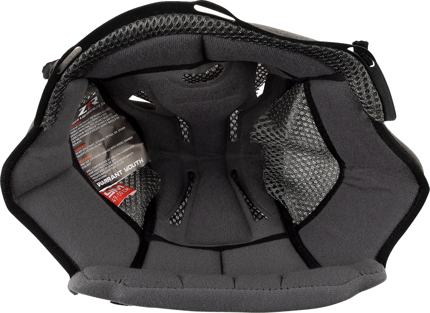 Z1R Youth Warrant helmet liner in medium size, 12 mm thickness, with padded interior and strap details for helmet comfort.