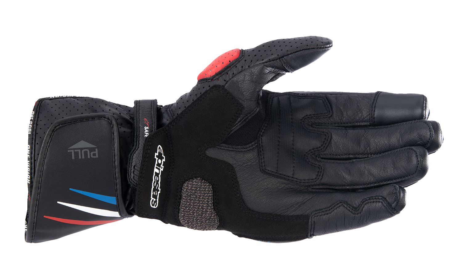 Alpinestars Honda SP-8 V3 motorcycle gloves, large size, black with red and blue accents, featuring protective knuckles and durable construction.