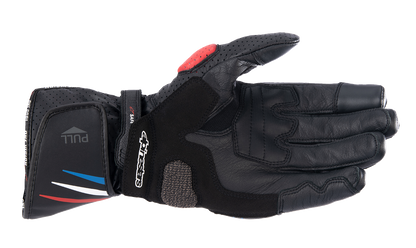 Alpinestars Honda SP-8 V3 motorcycle gloves, large size, black with red and blue accents, featuring protective knuckles and durable construction.