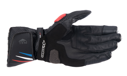 Alpinestars Honda SP-8 V3 motorcycle gloves in black, red, and blue, size 3XL, with protective knuckles and textured grip.