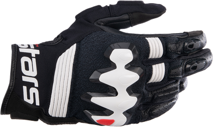 Alpinestars Halo gloves in black and white, medium size, featuring protective padding and durable fabric for motorcycle riding.