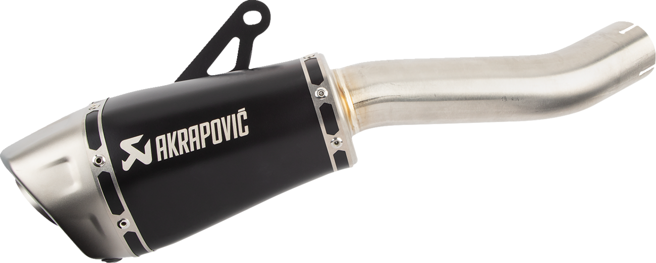 AKRAPOVIC Slip-on motorcycle muffler in titanium with black finish, model S-K10SO29-ASZTBL, showcasing sleek design and branding.