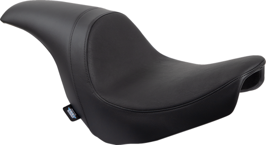 Drag Specialties Predator Seat with smooth vinyl for FLSB/FXLR motorcycles, model 0802-1516, shown on a Harley-Davidson bike.