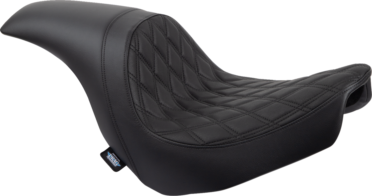 Drag Specialties Predator Seat with black stitching for Harley Fat Bob and Softail models, featuring a double diamond design.