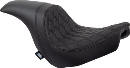 Drag Specialties Predator Seat with black stitching for Harley Fat Bob and Softail models, featuring a double diamond design.