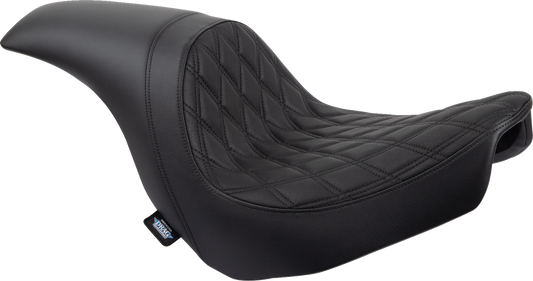 Drag Specialties Predator Seat with black stitching for Harley Fat Bob and Softail models, featuring a double diamond design.