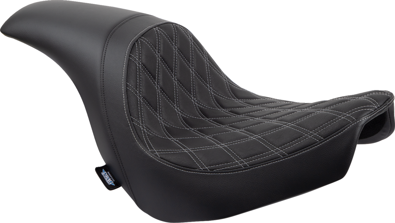Drag Specialties Predator Double Diamond vinyl seat with silver stitching for Harley-Davidson FLSB/FXLR 2018-2023, shown on motorcycle.