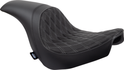 Drag Specialties Predator Double Diamond vinyl seat with silver stitching for Harley-Davidson FLSB/FXLR 2018-2023, shown on motorcycle.