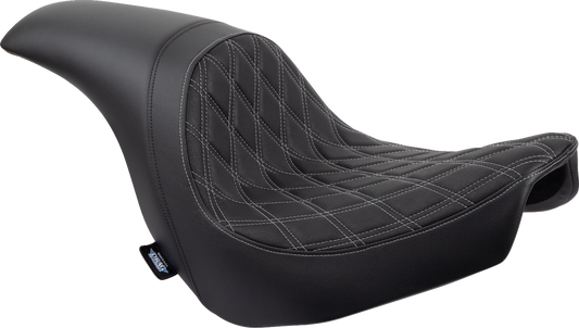 Drag Specialties Predator Double Diamond vinyl seat with silver stitching for Harley-Davidson FLSB/FXLR 2018-2023, shown on motorcycle.