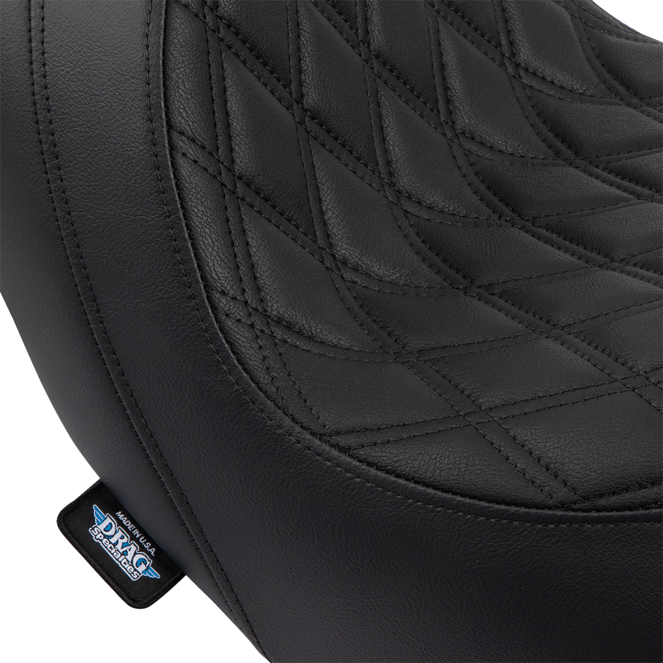 Drag Specialties Predator Seat with black stitching on Harley Fat Bob and Softail, 2018-2023, featuring double diamond pattern.