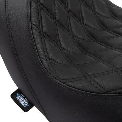 Drag Specialties Predator Seat with black stitching on Harley Fat Bob and Softail, 2018-2023, featuring double diamond pattern.