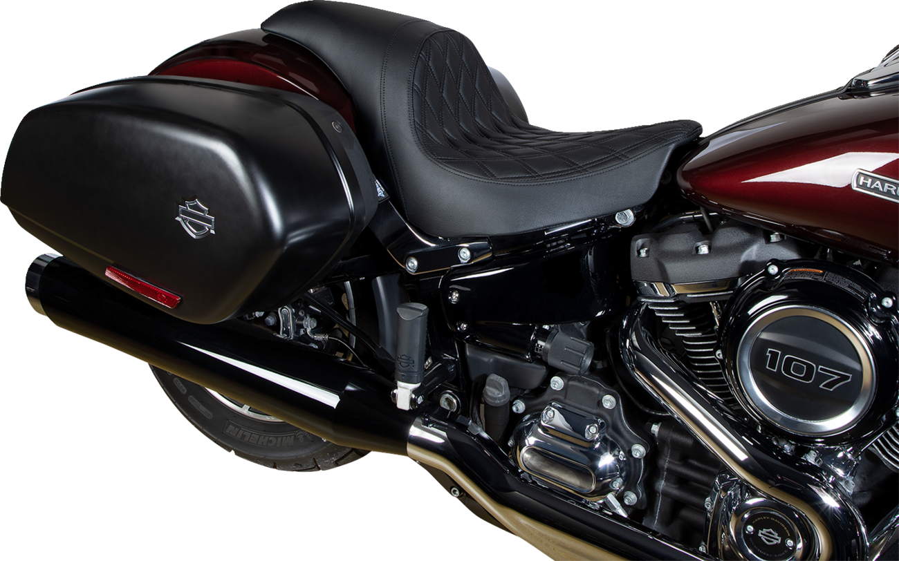 Drag Specialties Predator Seat with black stitching for Harley Fat Bob and Softail 2018-2023, showing the double diamond design.