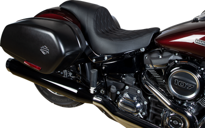 Drag Specialties Predator Seat with black stitching for Harley Fat Bob and Softail 2018-2023, showing the double diamond design.