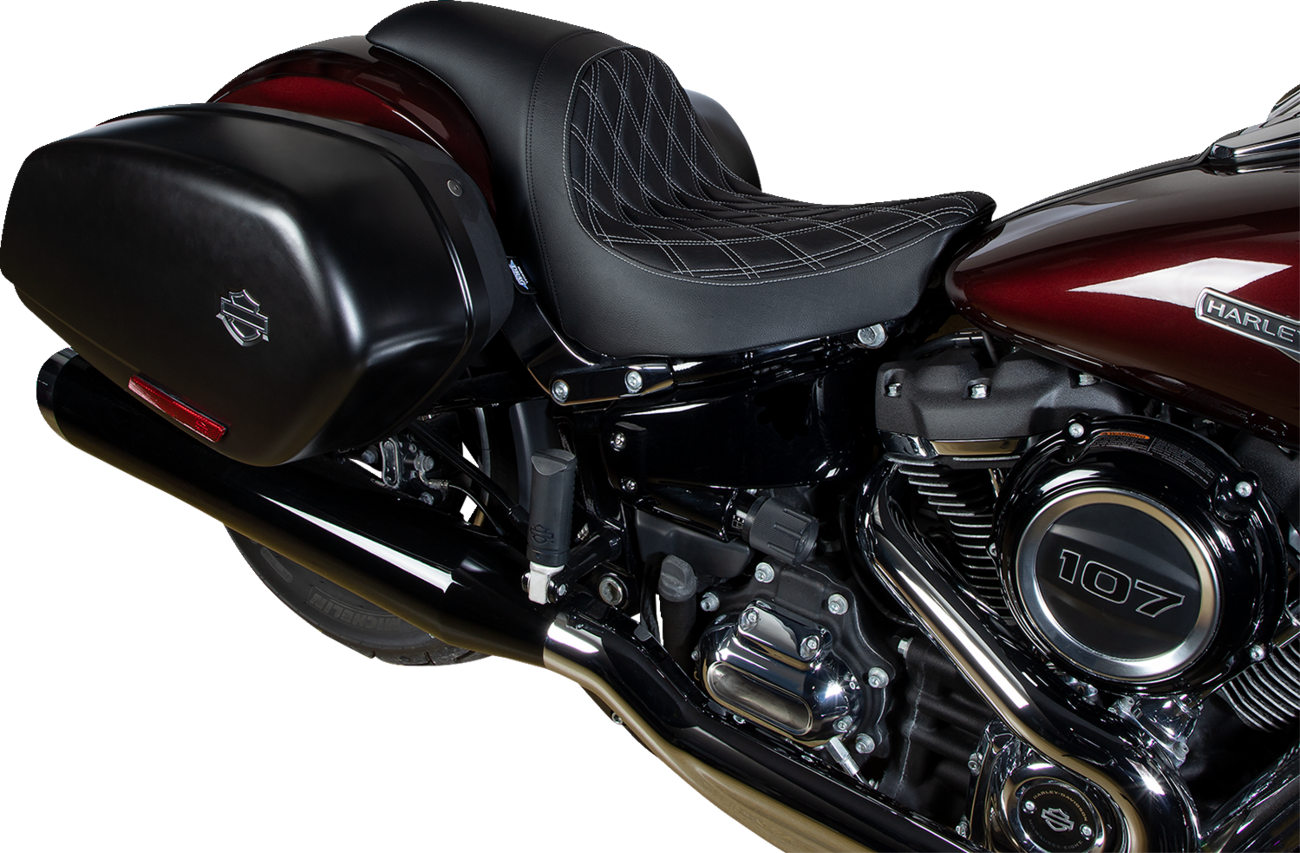 Drag Specialties Predator Double Diamond vinyl seat with silver stitching for Harley-Davidson FLSB/FXLR bikes 2018-2023