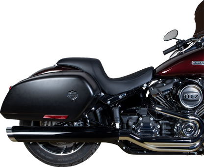 Drag Specialties Predator Seat with double diamond stitching on black leather for Harley Fat Bob and Softail models 2018-2023.