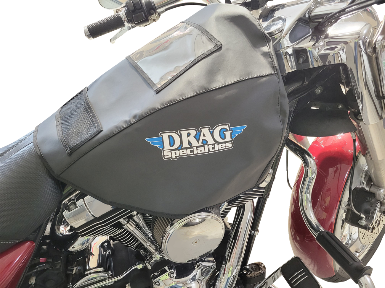DRAG SPECIALTIES fuel tank service cover for Dyna, Softail, Touring, and Trike motorcycle models, black metal finish.