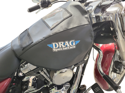 DRAG SPECIALTIES fuel tank service cover for Dyna, Softail, Touring, and Trike motorcycle models, black metal finish.
