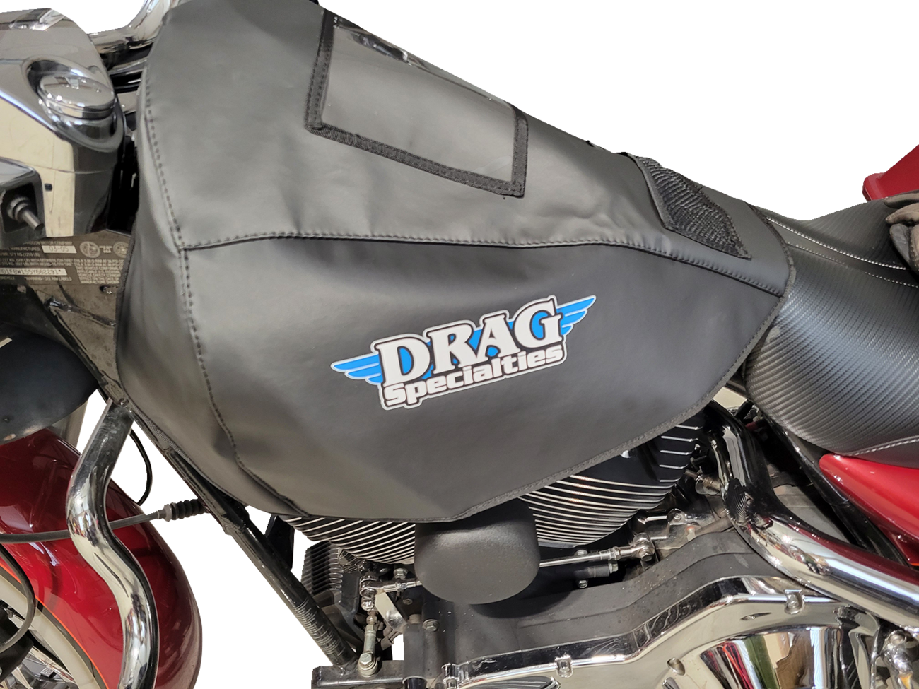 DRAG SPECIALTIES fuel tank service cover for Dyna, Softail, Touring, and Trike motorcycle models, black and metal finish.