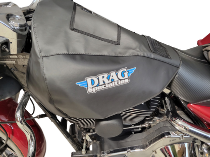 DRAG SPECIALTIES fuel tank service cover for Dyna, Softail, Touring, and Trike motorcycle models, black and metal finish.