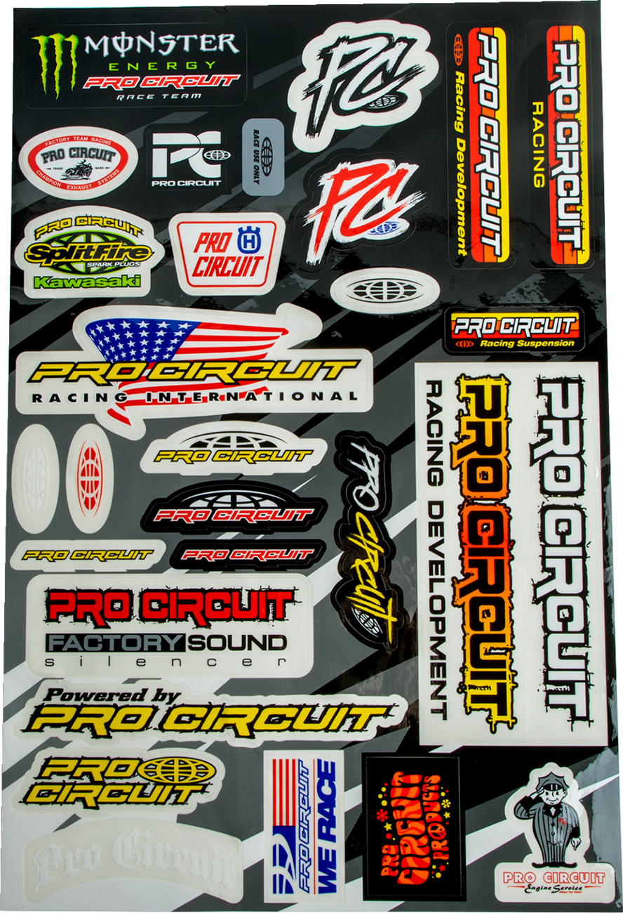 Die-cut PRO CIRCUIT Deluxe Decal Sheet with motorcycle and toolbox stickers, ideal for customizing bikes and tools.