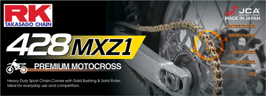 RK 428 MXZ1 Mini Racing Drive Chain with 120 links for mini MX and SX racing bikes, showing the chain's detailed links and construction.