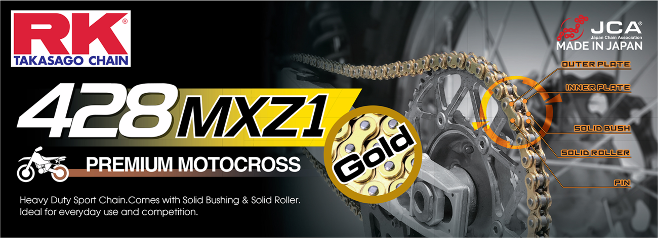 RK heavy duty mini racing chain for MX and SX bikes, 116 links, durable motorcycle chain with high-performance design